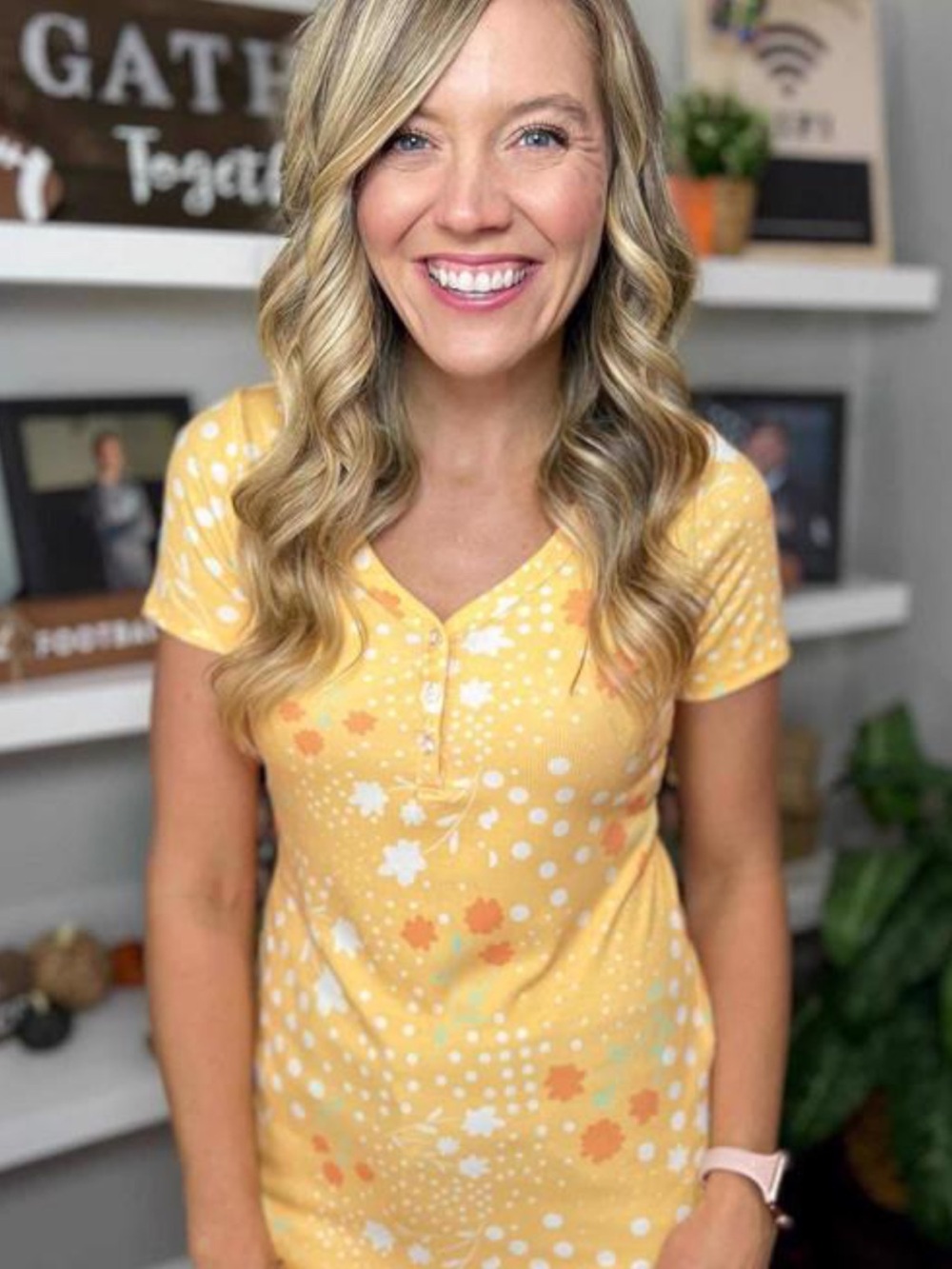 LLR “Bailey” Yellow/Orange  Floral Dot Henley Tee